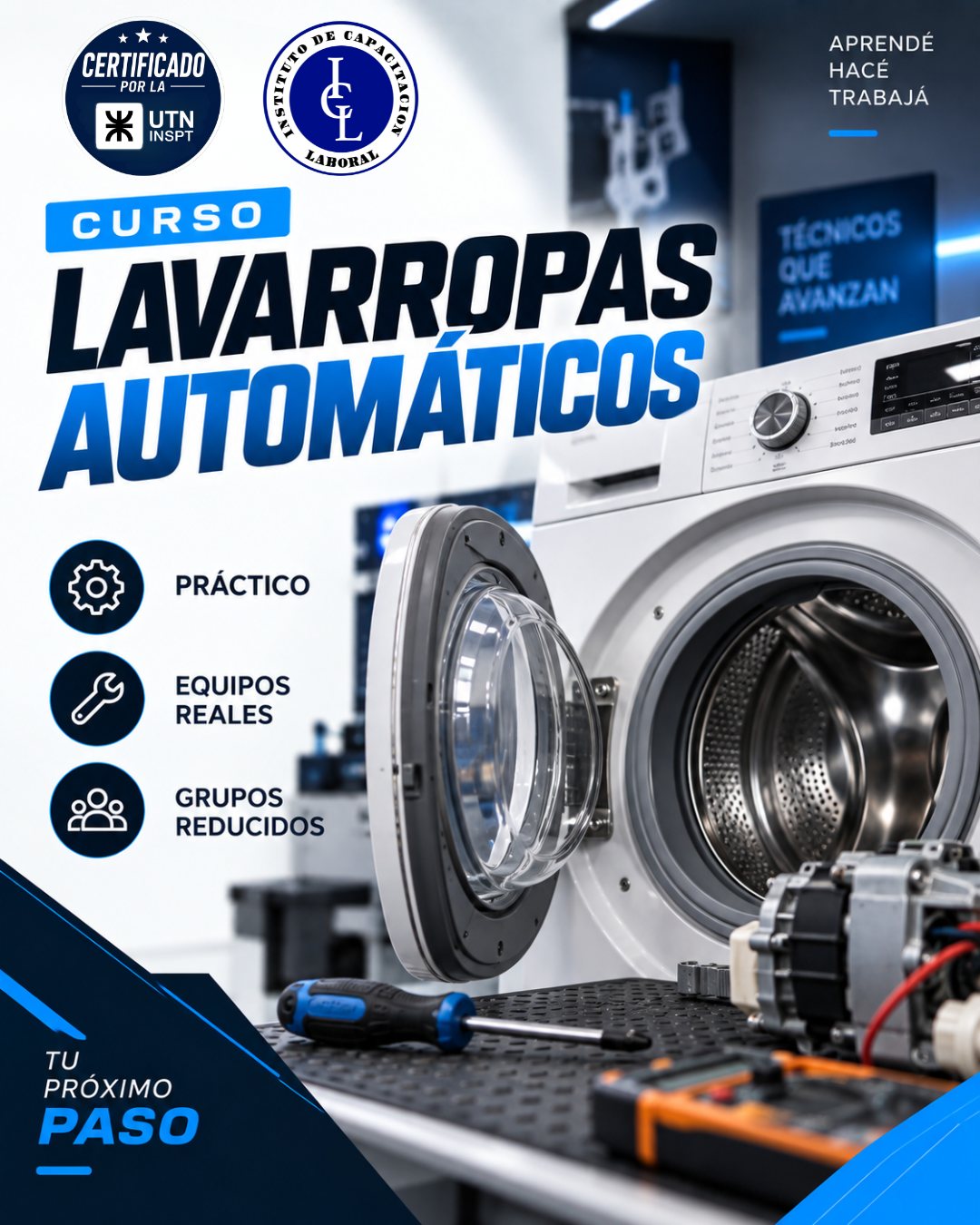 Afiche del Curso de Reparación de Lavarropas Automáticos